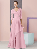 Vestido de mãe da noiva em duas peças, corte A, formal, para festa de casamento, elegante, decote em V, comprimento até ao chão, chiffon, renda, manga curta, com aplicações de lantejoulas e missangas
