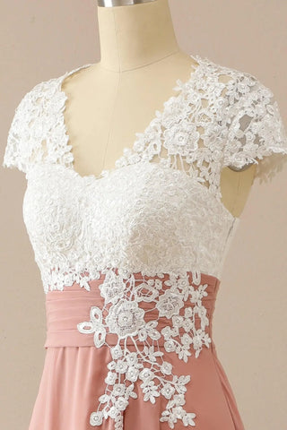 Kleid für die Brautmutter, V-Ausschnitt, Applikationen, kurze Ärmel