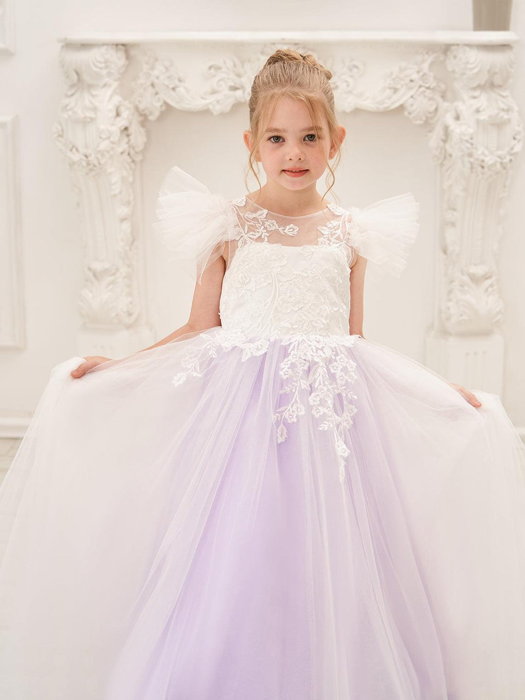 Detachable  Lace Tulle Sweep Train Flower Girl Dress