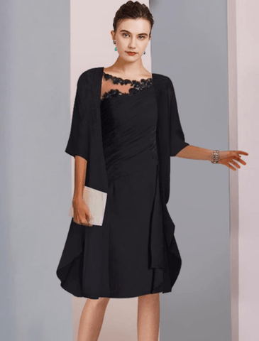 Zweiteiliges A-Linien-Kleid für die Mutter der Braut, Hochzeitsgast, eleganter U-Ausschnitt, knielang, Chiffon, Spitze, halbe Ärmel, Wickeljacke inklusive, Kleider mit gerüschten Applikationen