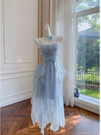 Vestido elegante de gasa azul con tirantes finos para fiesta de bienvenida o cumpleaños Y7573
