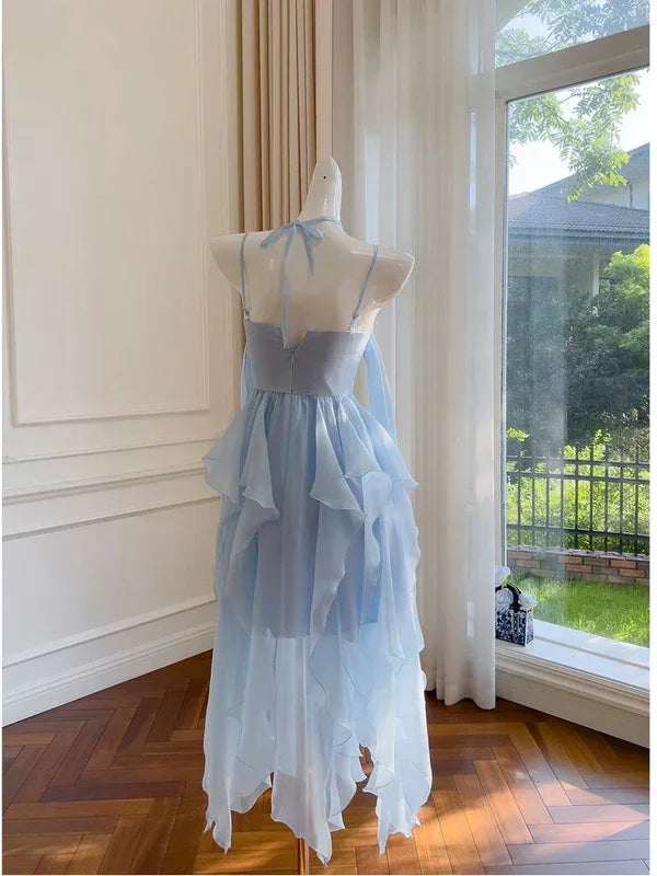 Einfaches Homecoming-/Partykleid aus Chiffon mit blauen Trägerbändchen Y8581