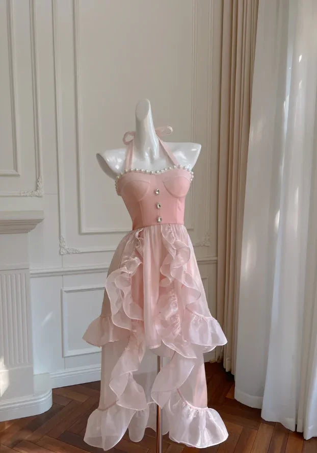 Einfaches Homecoming-/Partykleid mit Halter, rosa Tüll, Perlenbesatz, High-Low-Rüschen Y8582