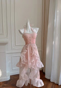 Einfaches Homecoming-/Partykleid mit Halter, rosa Tüll, Perlenbesatz, High-Low-Rüschen Y8582
