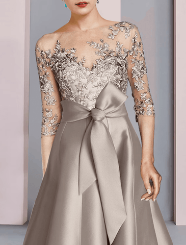Zweiteiliges A-Linien-Kleid für die Mutter der Braut, formelle Kirche, Party, eleganter U-Ausschnitt, knielang, Satinspitze, halbe Ärmel mit Applikationen und Rüschen