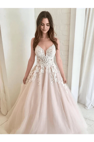 Vestidos de baile A-Line Decote em V Champanhe Tule Vestido de noiva Vestidos de cerimónia
