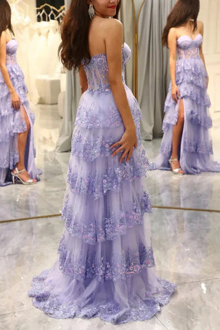 A-Line Appliques Sweetheart Layered Lilac Prom Dress with Slit PSK643