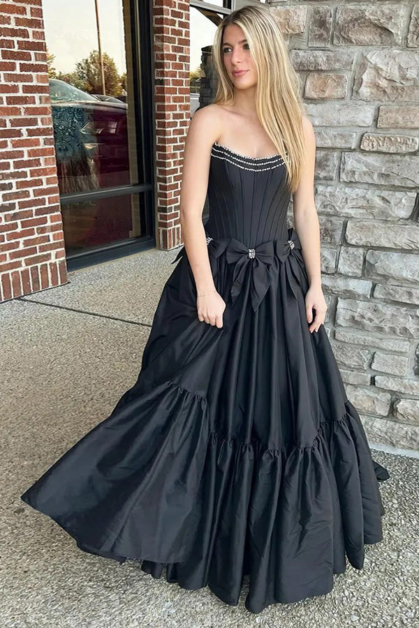 Vestido de festa preto com espartilho, sem alças, com missangas e laços, PSK572