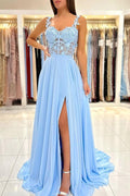 Vestido Largo de Gala Azul de Encaje Chifón en Corte A PSK332