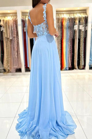 A-Line Chiffon Lace Blue Long Prom Dress Chiffon Formal Dress PSK332