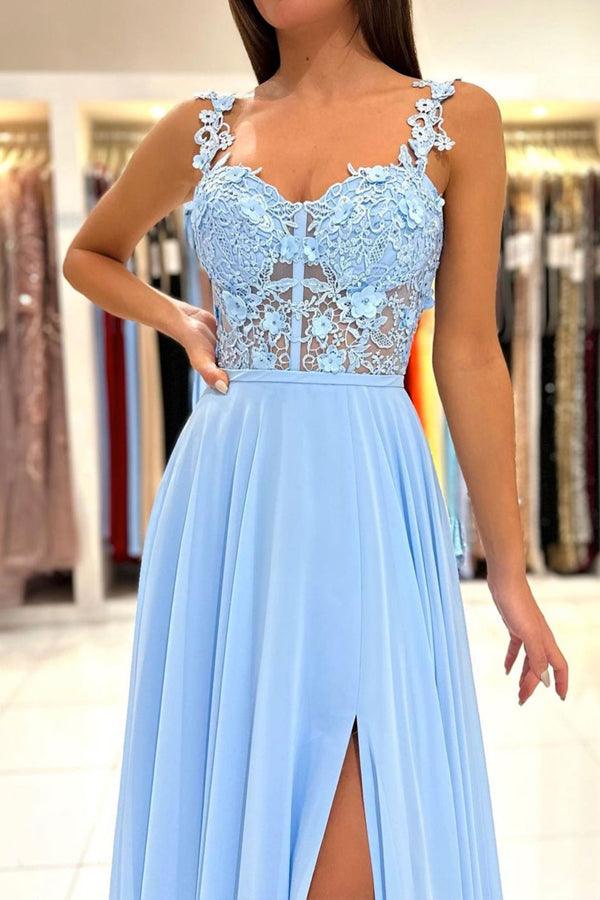 Vestido de baile comprido azul com renda e corte A em chiffon PSK332
