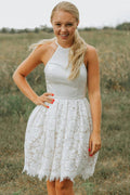 Vestido Corto para el Baile de Regreso a Casa PD449, Sin Espalda, Escote Halter con Encaje Marfil y Corte en A