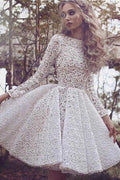 Vestido de fiesta de vuelta a casa color marfil, con mangas largas, encaje, corte en A y largo hasta la rodilla PD004