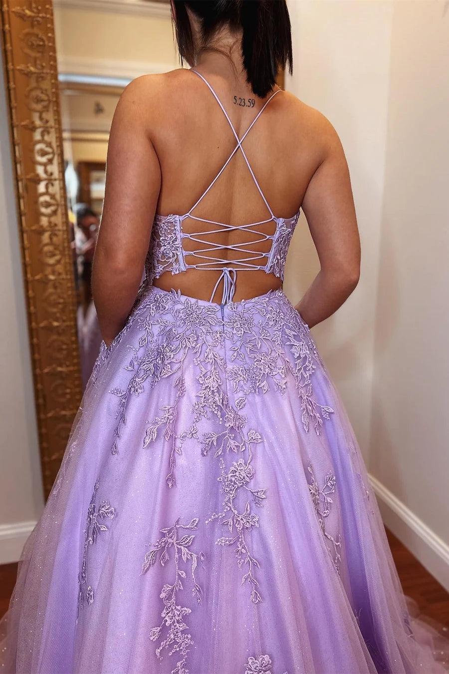 Vestido de festa de finalistas com aplicações de tule lavanda e corte A, costas com atilhos, PSK429