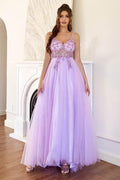 Abito da Sera Formale Lungo a Linea A in Tulle Lilla con Spacco e Perline PSK324