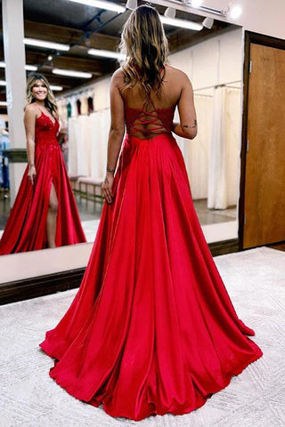 A-Line Long Satin Dark Green Prom Dress with Split PSK406