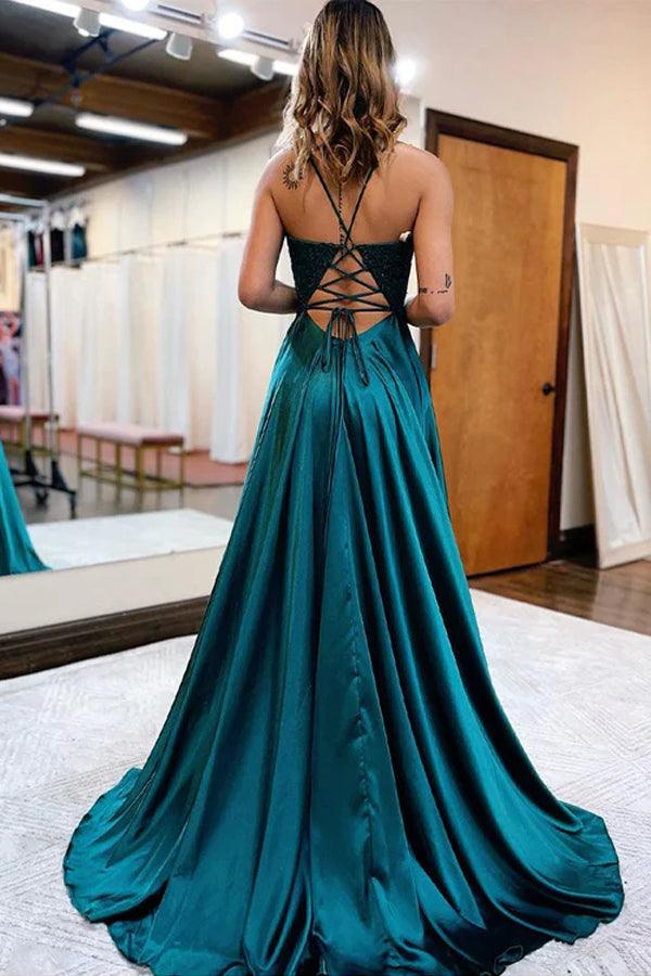 Vestido de festa comprido em cetim verde escuro com racha e corte A PSK406