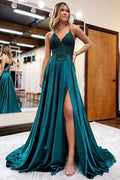 Abito da Ballo Semplice Lungo in Satin Verde Scuro con Spacco PSK406