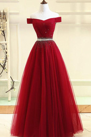 A-line Off The Shoulder Navy Blue Tulle Prom Dress With Beading PG737