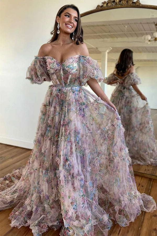 Vestido de festa comprido com decote em A e ombro de fora, em forma de coração e floral, PSK618