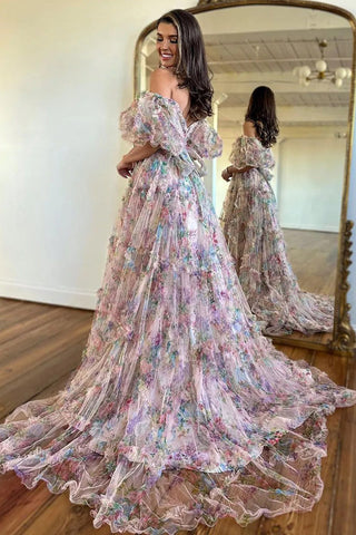 A-Line Off The Shoulder Sweetheart Floral Long Prom Dress PSK618