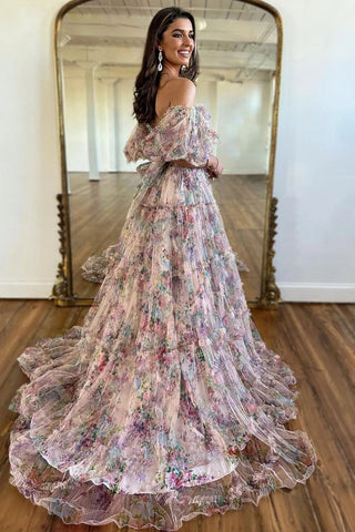 A-Line Off The Shoulder Sweetheart Floral Long Prom Dress PSK618