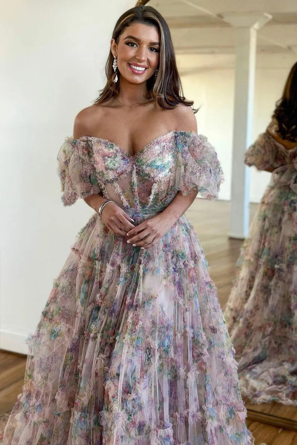 Vestido de festa comprido com decote em A e ombro de fora, em forma de coração e floral, PSK618