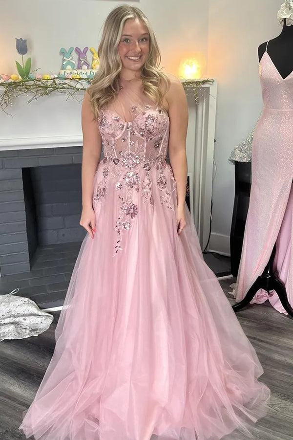 Vestido de festa comprido rosa com aplicações em tule e um ombro só, corte A, PSK584