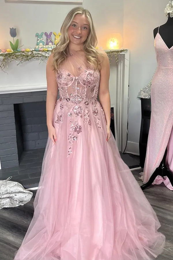 Vestido de festa comprido rosa com aplicações em tule e um ombro só, corte A, PSK584