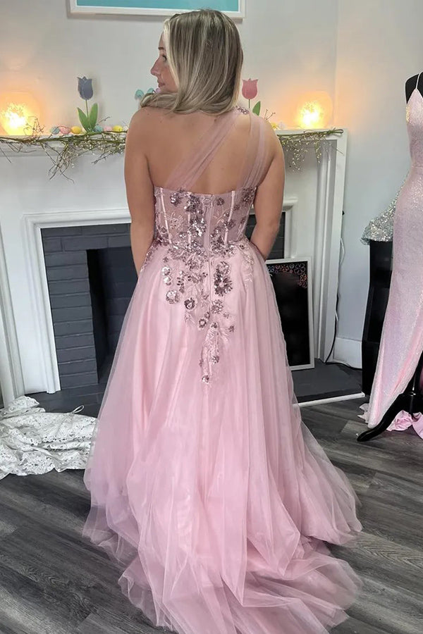 Vestido de festa comprido rosa com aplicações em tule e um ombro só, corte A, PSK584