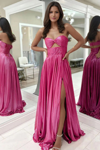 A-Line One Shoulder Keyhole Fuchsia Prom Dress with Slit PSK633