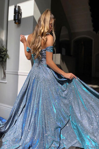 Glitzerndes, herzförmiges, blaues, langes Ballkleid mit Schlitz PSK306
