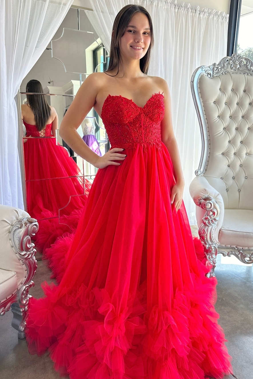 Vestido de festa vermelho com corte em A e folhos, corpete em forma de coração, PSK493