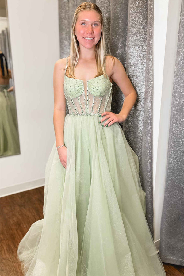 Vestido de festa em corte A, alças verde-sálvia, lantejoulas, tule e missangas PSK488