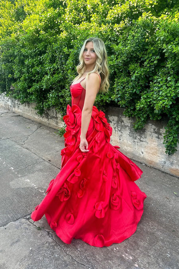Vestido de festa vermelho lindo em cetim com corte A e flores PSK713