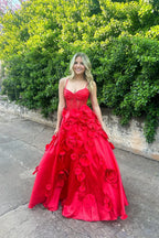 Vestido de festa vermelho lindo em cetim com corte A e flores PSK713