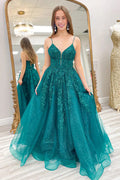 Abito da Ballo Lungo Smeraldo Verde con Corsetto e Spalline a Spaghetti a Linea A PSK626