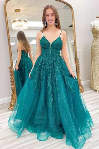 A-Line Spaghetti Straps Corset Emerald Green Long Prom Dress PSK626