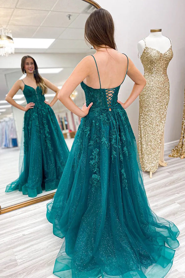 Vestido de festa comprido verde esmeralda com alças finas e espartilho em linha A PSK626