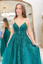 Vestido de festa comprido verde esmeralda com alças finas e espartilho em linha A PSK626