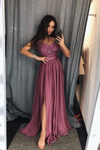 A-Linie Spaghettiträger Grau Langes Ballkleid mit Spitzenpailletten PSK029