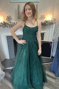 Abito da Ballo Lungo Scuro Verde Smeraldo in Tulle con Spaghetti Strap a Linea A PSK586