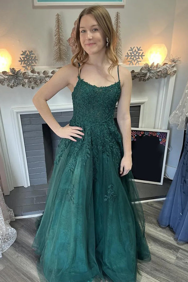 Vestido de festa comprido verde escuro com alças finas e corte A em tule PSK586