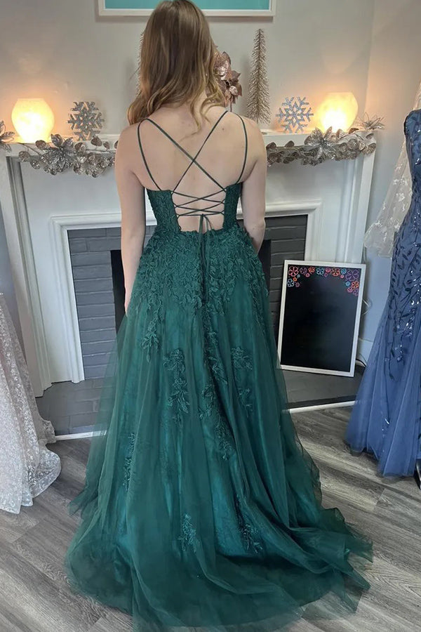 Vestido de festa comprido verde escuro com alças finas e corte A em tule PSK586