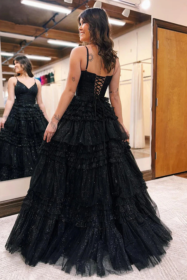 Vestido de festa comprido com alças finas, decote em V e tule em camadas, PSK528