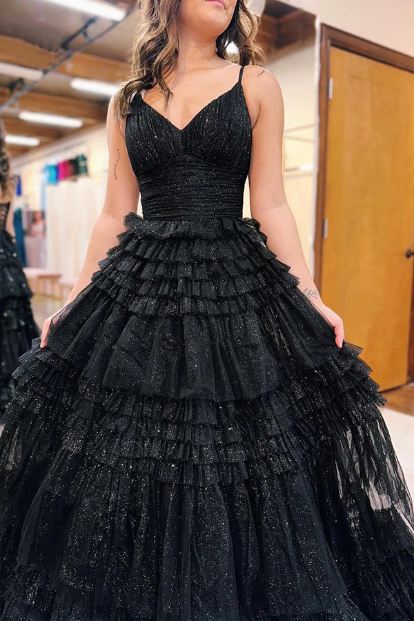 Vestido de festa comprido com alças finas, decote em V e tule em camadas, PSK528