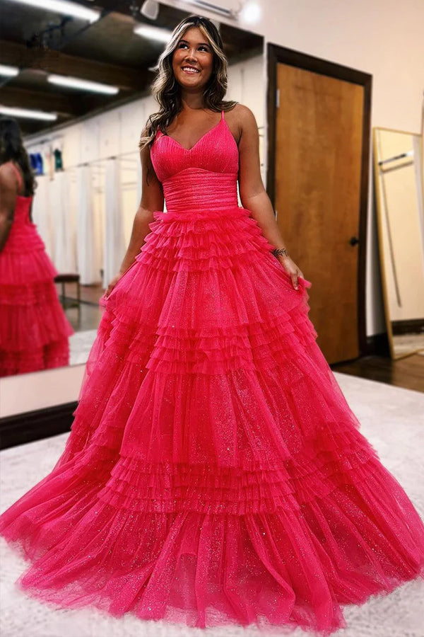 Vestido de festa comprido com alças finas, decote em V e tule em camadas, PSK528