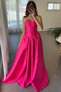 Robe de bal rose vif en satin, corsage sans bretelles à encolure ras du cou et coupe évasée, référence PSK671