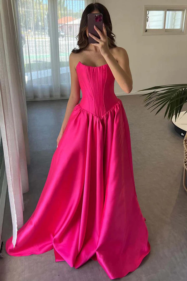 Vestido de festa em cetim rosa choque, sem alças, com decote redondo e corpete, PSK671