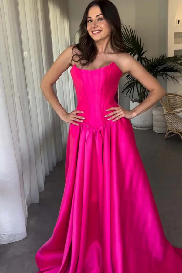 Vestido de festa em cetim rosa choque, sem alças, com decote redondo e corpete, PSK671